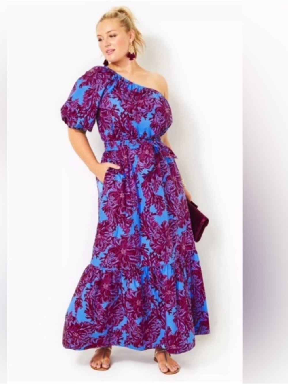 Lilly Pulitzer One-Shoulder Blue & Plum Floral Maxi Dress 12 - No Belt - Picture 3 of 8